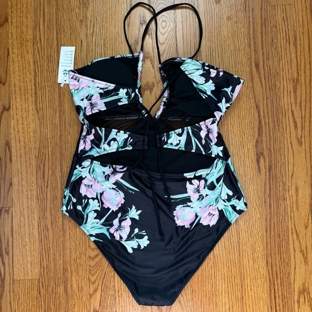 beachsissi Mesh waist adjustable strap pink blue floral black One Piece Swimwear